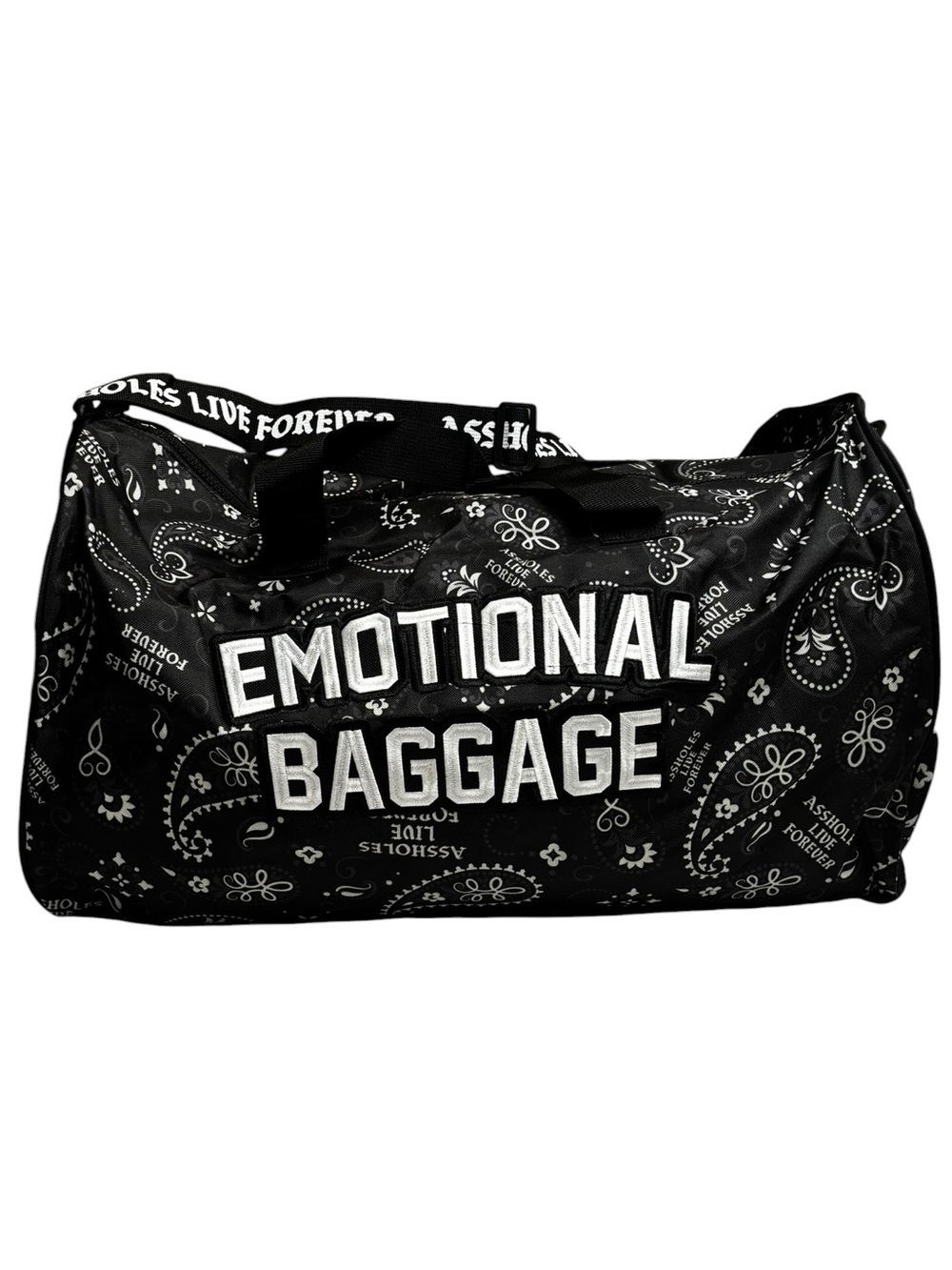 Assholes Live Forever Emotional Baggage Black Paisley Duffel Bag NWOT